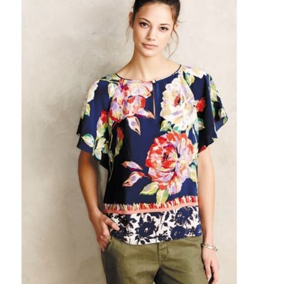 MAEVE Anthropologie Gardenia 100% Silk Blue Floral Flutter Sleeve Blouse Sz 2 - Picture 10 of 11